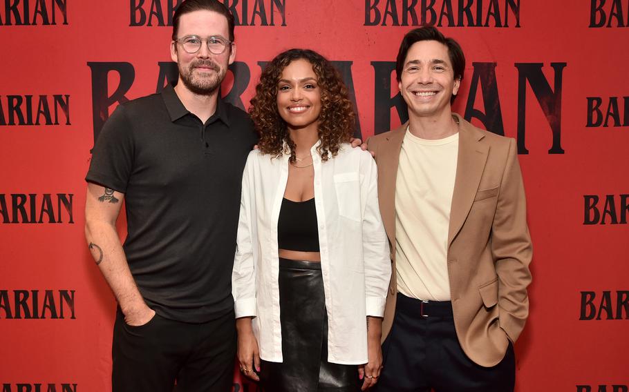 From left, Zach Cregger, Georgina Campbell and Justin Long attend the “Barbarian” Collider special screening at The Landmark Westwood on Aug. 22, 2022, in Los Angeles. 