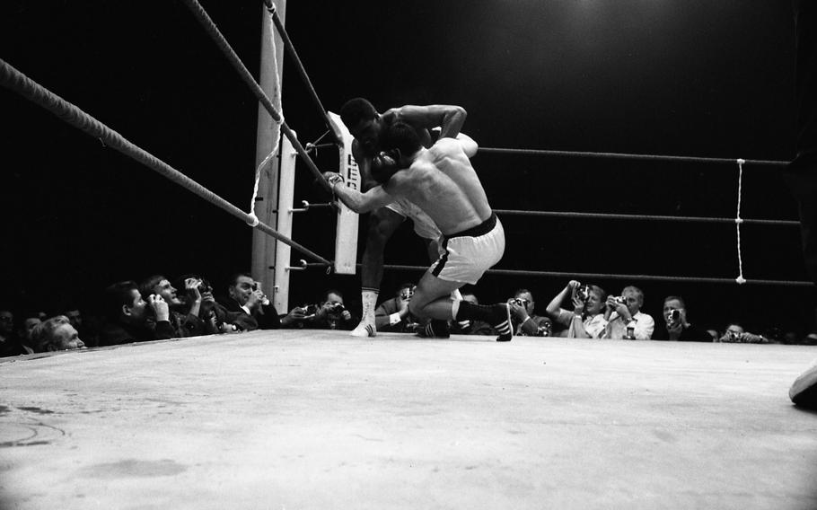 European champion Karl Mildenberger of Germany goes down after a crisp left hook to the jaw from defending world heavyweight champion Muhammad Ali. The drop came in the eighth round of a scheduled 15-round title bout in Frankfurt, Germany, on Sept. 10, 1966. 