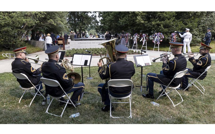 The U.S. Army Brass Quintet plays at the National World War II Memorial in Washington, D.C., on the 79th anniversary of the start of the D-Day invasion, Tuesday, June 6, 2023.
