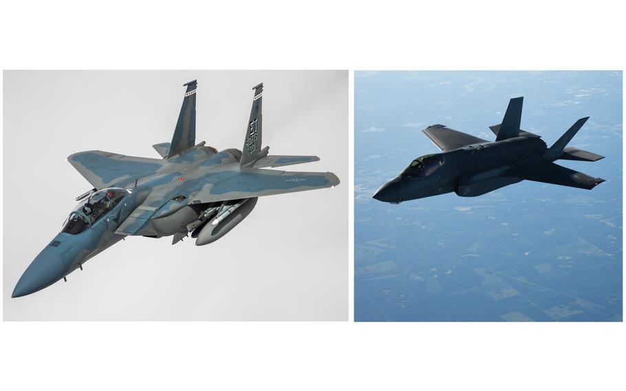An F-15EX Eagle II, left, from the 40th Flight Test Squadron, 96th Test Wing out of Eglin Air Force Base, Fla., flies over Northern California in May 2021. An Air Force F-35A Lightning II assigned to the 33rd Fighter Wing from Eglin Air Force Base flies over Savannah, Ga., in September 2020. 