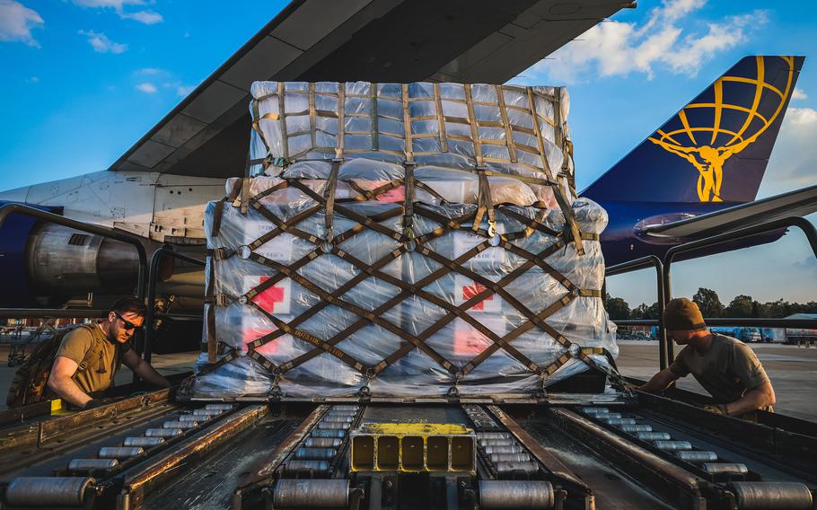 Airmen assigned to Incirlik Air Base in Turkey offload a field hospital, Feb. 22, 2023, to aid the victims of the devastating earthquakes in Turkey. The field hospital was delivered on a Boeing 747 from Joint Base Langley-Eustis in Virginia.