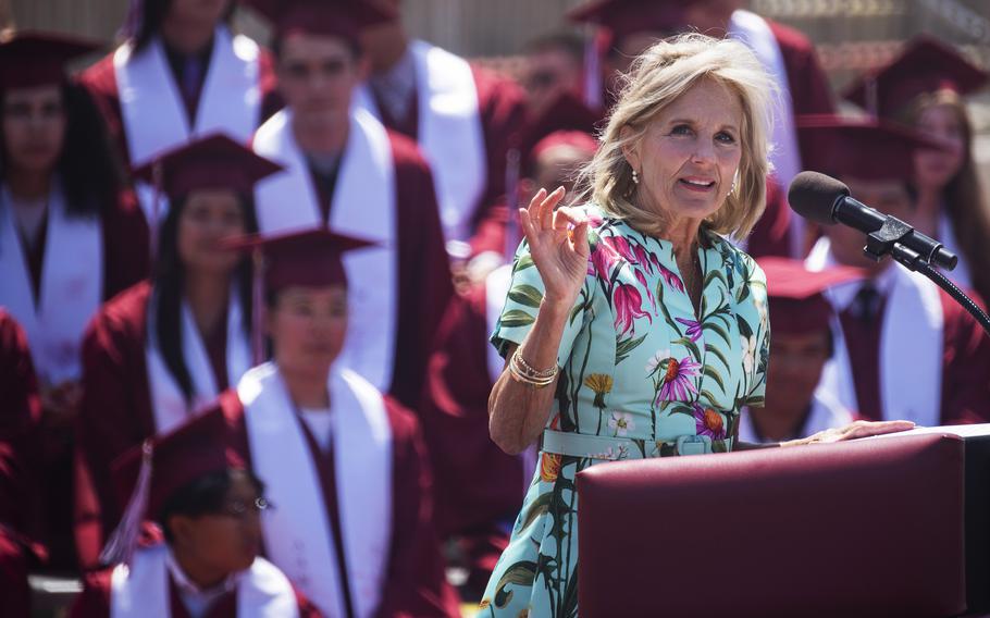 First lady Jill Biden speaks during a pre-graduation ceremony for Matthew C. Perry High School seniors at Marine Corps Air Station Iwakuni, Japan, Sunday, May 21, 2023.