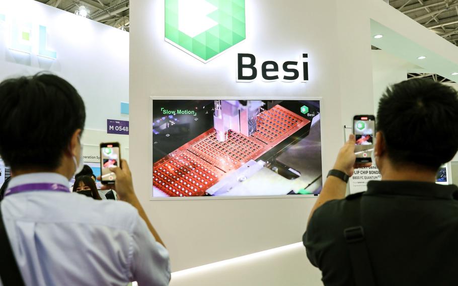 A presentation at the BE Semiconductor Industries booth at the Semicon Taiwan exhibition in Taipei, in September 2022. 