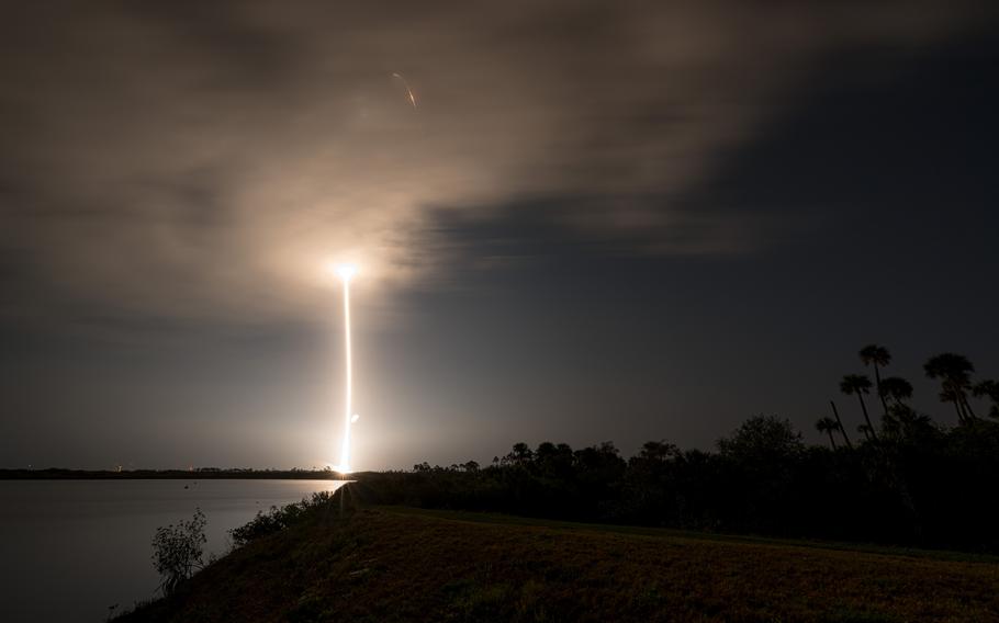 A SpaceX Falcon 9 rocket launches from Cape Canaveral Space Force Station early Sunday, Feb. 12, 2023, on another Starlink mission. 