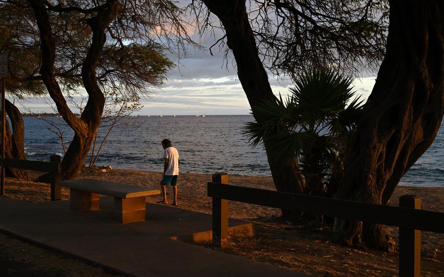 Peter Friedgen on Tuesday, Aug. 15, 2023, on the beach in Lahaina where he has been living after losing his home and job in the fire.