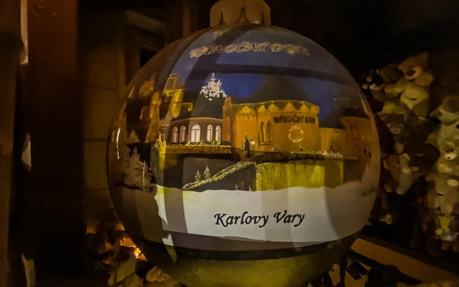 A giant Christmas ornament shows the exterior of the Vanocni Dum, or Christmas House, in the Czech spa town of Karlovy Vary.