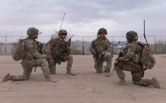 Soldiers from the 41st Infantry Regiment stop during a southern border patrol near Ysleta, Texas, April 3, 2025. Since late January, the Pentagon has deployed several thousand troops to the southern border to counter illegal migration and narcotics trafficking. 