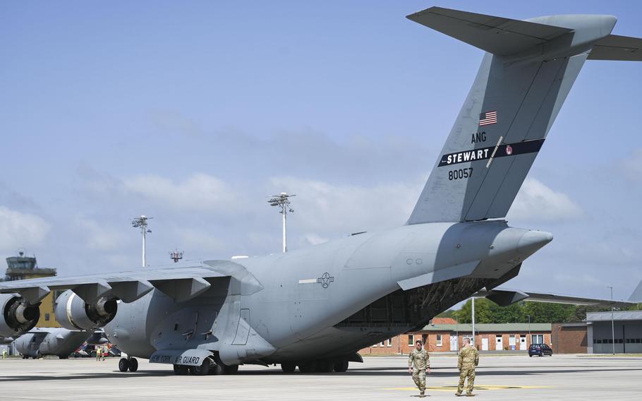 A U.S. Air Force C-17 Globemaster III flown by the 105th Airlift Wing of the New York National Guard prepares to taxi after dropping off cargo to be used for exercise Air Defender 2023 (AD23) at Wunstorf Air Base, Wunstorf, Germany, June 2, 2023. 