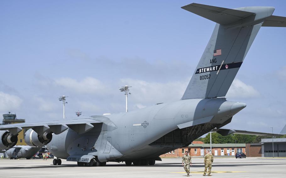 A U.S. Air Force C-17 Globemaster III flown by the 105th Airlift Wing of the New York National Guard prepares to taxi after dropping off cargo to be used for exercise Air Defender 2023 (AD23) at Wunstorf Air Base, Wunstorf, Germany, June 2, 2023. 