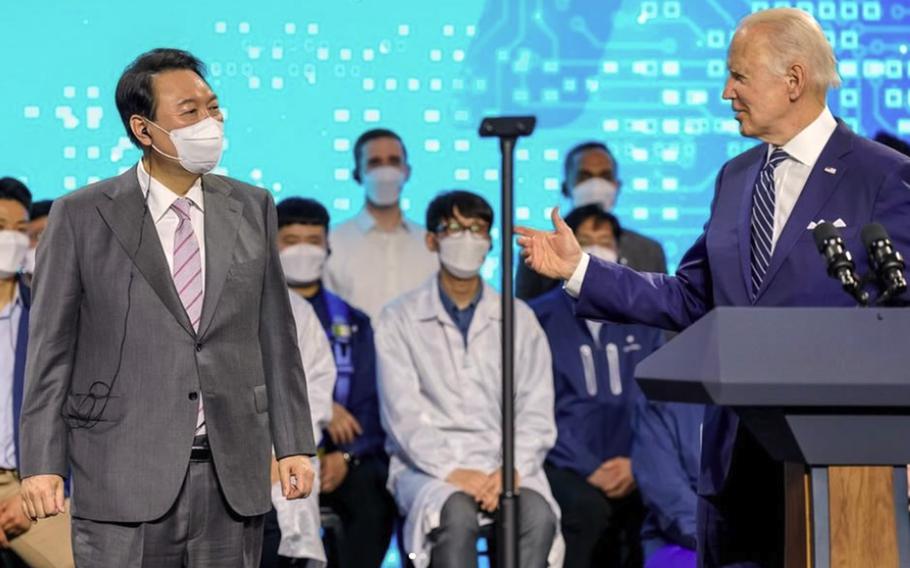 President Joe Biden introduces South Korean President Yoon Suk Yeol during a speech at a Samsung factory in Pyeongtaek, South Korea, Friday, May 20, 2022.