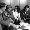 Four Americans show letters from families of prisoners held in North Vietnam, Dec. 13, 1972, before departing New York's Kennedy Airport for Hanoi, where the letters will be turned over to the Committee of Solidarity with American People. The group includes, from left are: former Brig. Gen. Telford Taylor, who was chief U.S. counselor at the Nuremberg war trials; Rev. Michael Allen, of Yale Divinity School; folk singer Joan Baez; and Barry Romo, of Vietnam Veterans Against the War.