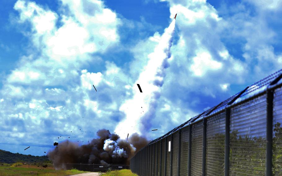 A Patriot PAC-2 interceptor launches from Palau on its way to shoot down a dummy cruise missile on June 15, 2020.