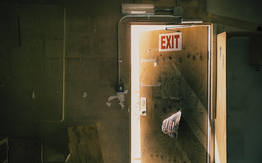 An exit door at Forward Operating Base Lightning, a former U.S. Army base in eastern Afghanistan. The base is now abandoned. 