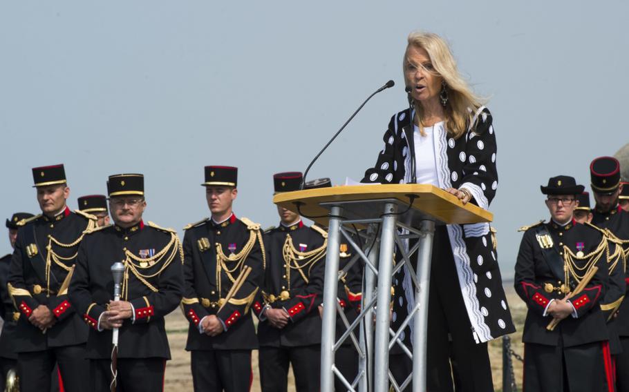 Jane Hartley, United States Ambassador to France and Monaco, speaks during the 47th Royal Marine Commando Monument Ceremony honoring the sacrifices of WWII veterans.