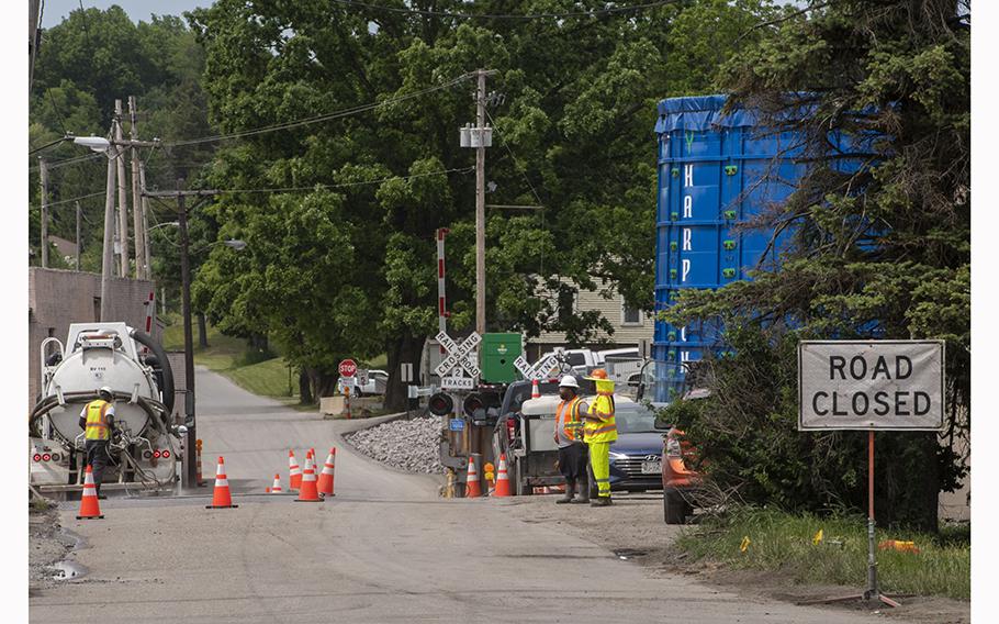 Environmental monitoring continues near railroad tracks in East Palestine on May 28, 2023.