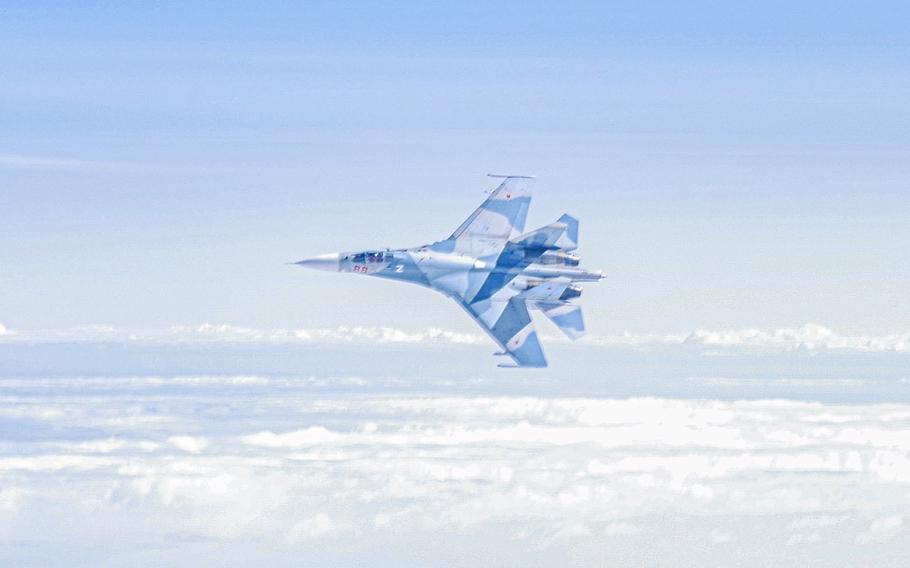 German and British Eurofighters intercepted two Russian Sukhoi Su-27 Flankers on April 25, 2023, including one seen here, and an Ilyushin Il-20 that were flying without their transponders on in international airspace over the Baltic Sea, the German military said.