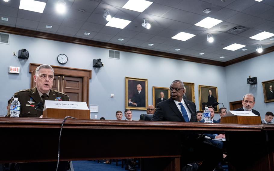 Defense Secretary Lloyd Austin, Army Gen. Mark Milley, chairman of the Joint Chiefs of Staff, and the Defense Department’s Chief Financial Officer Mike McCord testify Thursday, March 23, 2023, before the House Appropriations Committee’s subpanel on defense in the Rayburn House Office Building in Washington about the fiscal 2024 defense budget.