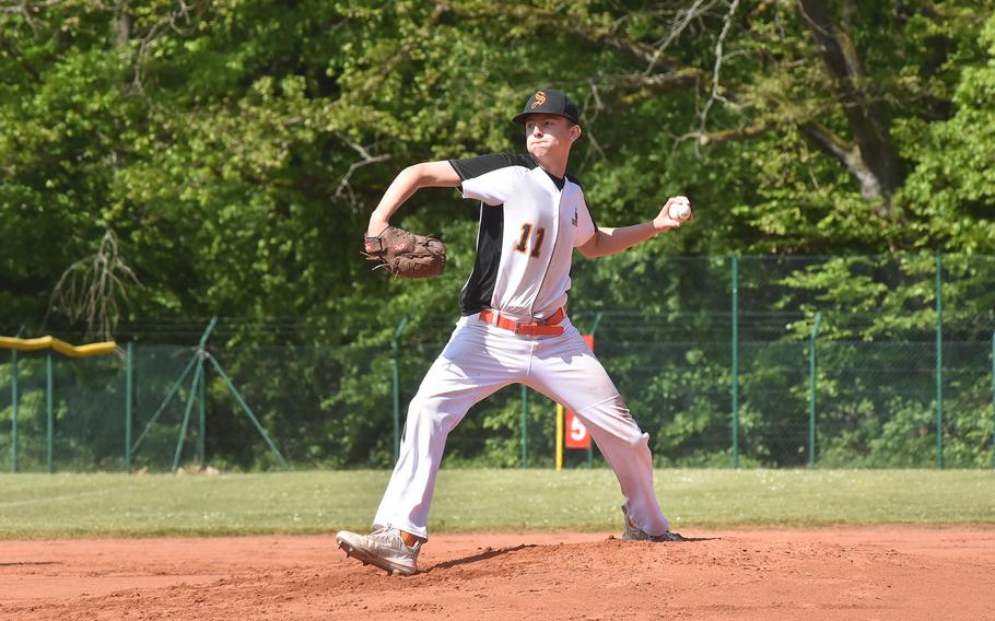 Spangdahlem's Jacob Vinson pitches against Vicenza on Friday, May 19, 2023, in the DODEA-Europe Division II/III baseball championships at Kaiserslautern, Germany.