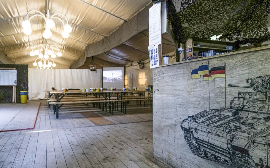 The recreation area at Klietz training range offers Ukrainian soldiers a place to relax with TV, video games and snacks.