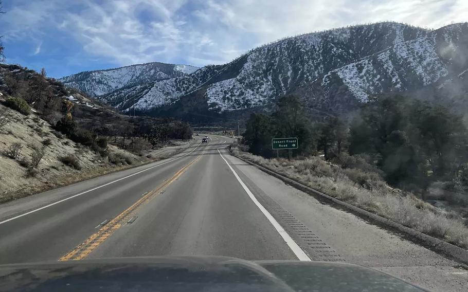 Driving up Angeles Crest Highway to Southern California’s Mountain High ski area in the San Gabriel Mountains. 