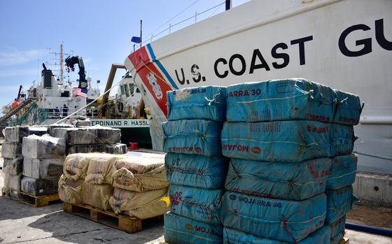 Pallets of illegal narcotics offloaded from U.S. Coast Guard Cutter Dauntless' following a drug offload at Base Miami Beach, Fla., April 1, 2022. 