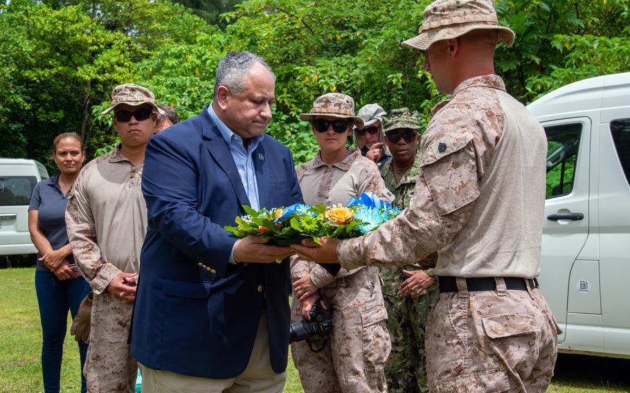 Secretary of the Navy Carlos Del Toro participates in a wreath-laying at the 81st Infantry Division Memorial in Peleliu, Palau, March 1, 2024, that honors members of the division who assisted the 1st Marine Division in the Battle of Peleliu during World War II. 