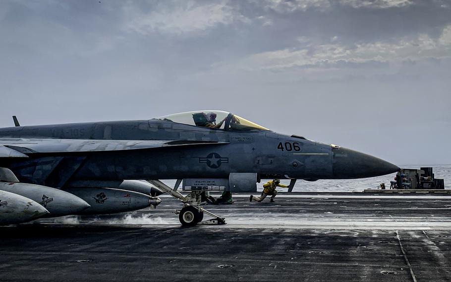 An F/A-18 Super Hornet prepares to launch from the deck of the aircraft carrier USS Dwight D. Eisenhower in the Red Sea on March 19, 2024.