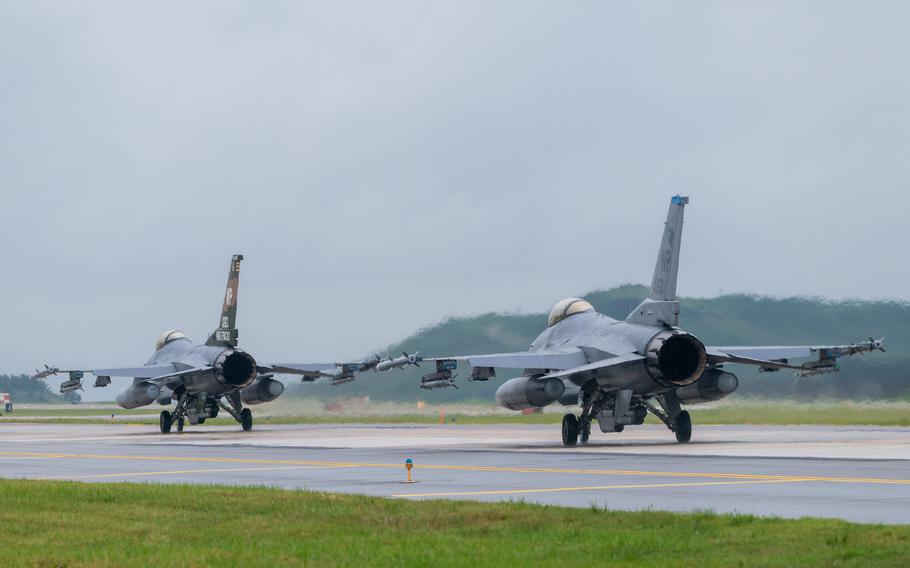 F-16 Fighting Falcons assigned to the 35th Fighter Squadron taxi on the new runway at Kunsan Air Base, South Korea, Aug. 30, 2023.