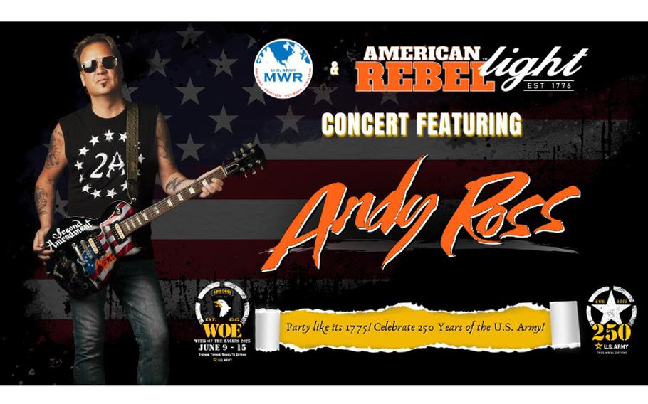 A poster showing a picture of a man holding a guitar, next to text explaining an upcoming concert’s details.