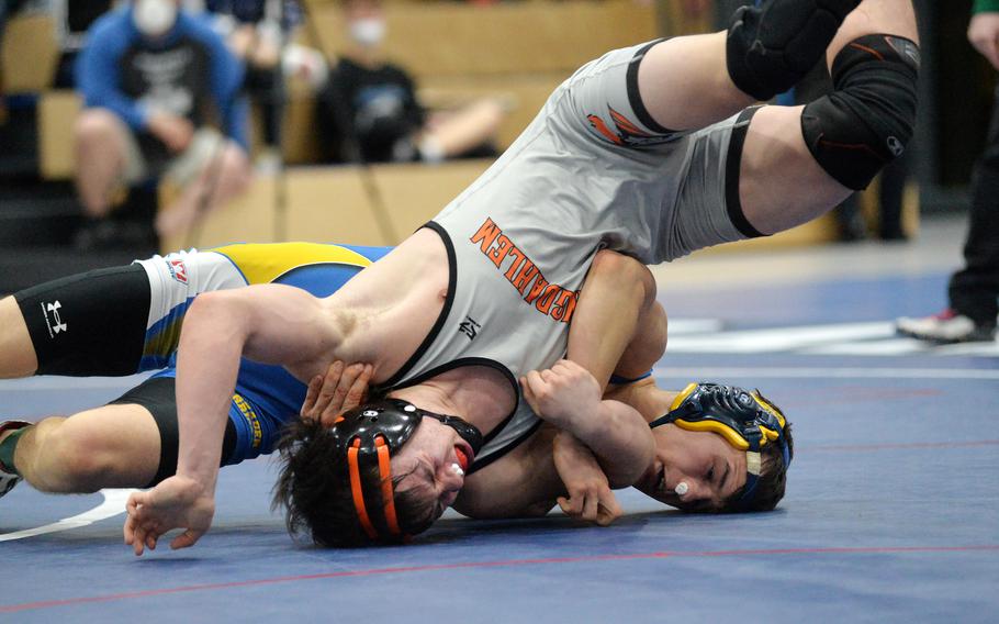 Spangdahlem’s Brendan Castillo took the 132 pound title, beating Wiesbaden’s Caleb Rothmeyer at the high school 2022 Wrestling Tournament in Ramstein, Germany, Feb. 12, 2022.