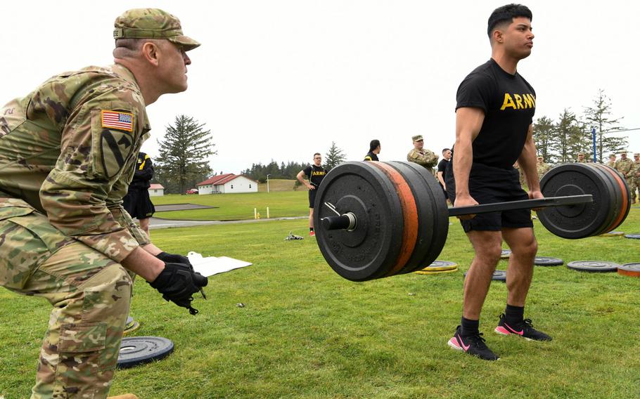 Oregon Army National Guard soldiers take part in the Army Combat Fitness Test during the 2022 Best Warrior Competition on March 17 at Camp Rilea near Warrenton, Ore.