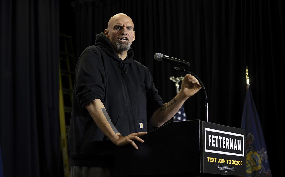 Democratic candidate for U.S. Senate and Lt. Gov. John Fetterman speaks during a rally in Wallingford, Pa., on Oct. 15, 2022. 
