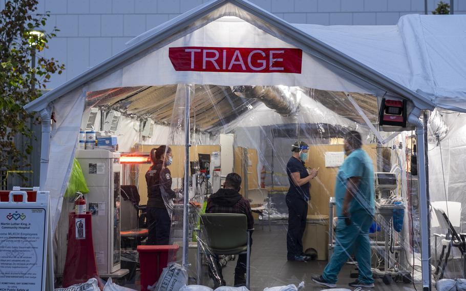 The triage tent outside the emergency department at MLK Community Hospital on Jan. 13, 2022, in the Willowbrook neighborhood of Los Angeles.