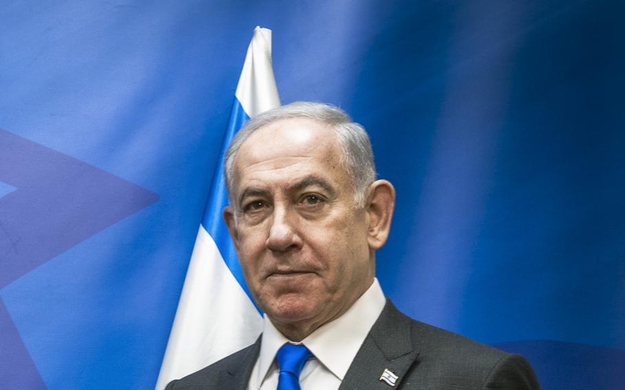 Israeli Prime Minister Benjamin Netanyahu attends a briefing on Oct. 13, 2023, in Tel Aviv, Israel, where he met with U.S. Defense Secretary Lloyd Austin.