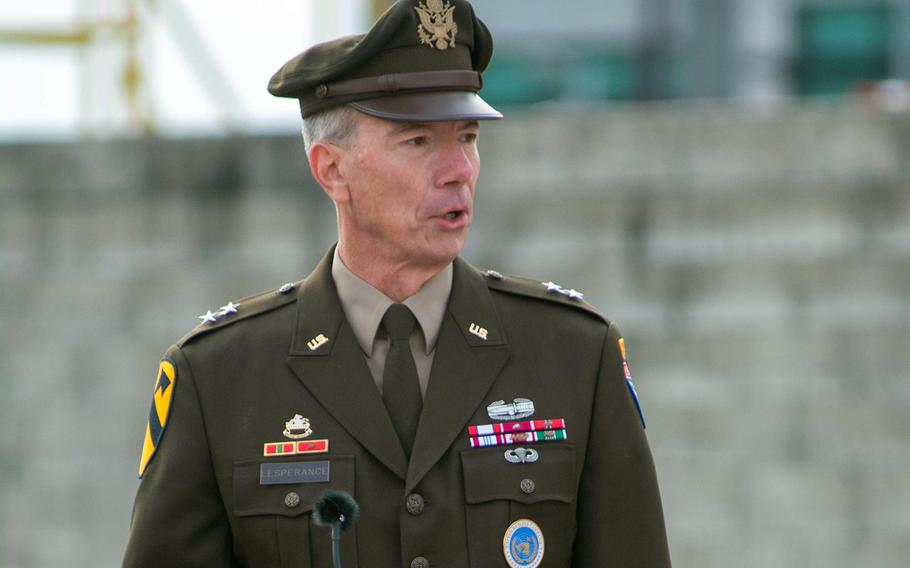 Army Maj. Gen. David Lesperance, speaks during a Veterans Day ceremony at Camp Humphreys, South Korea, Nov. 11, 2023. He serves as director of operations for U.S. Forces Korea, U.N. Command and Combined Forces Command.