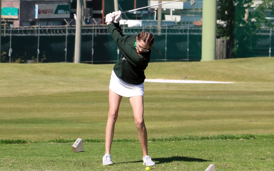 Daegu's Ava Sims tees off during Tuesday's DODEA-Korea golf matches at Camp Walker's Evergreen links. Sims beat Humphreys' Sarah Alvarado 4 and 2.