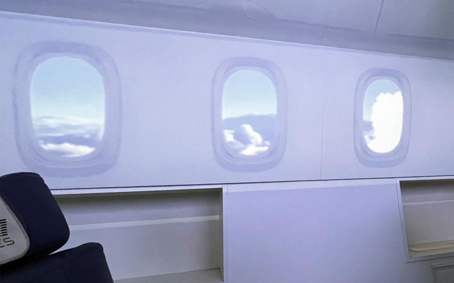 At First Airlines, seats vibrate and a TV screen displays the takeoff from the pilots’ perspective. Once airborne, virtual-reality windows on the walls display the sky outside.