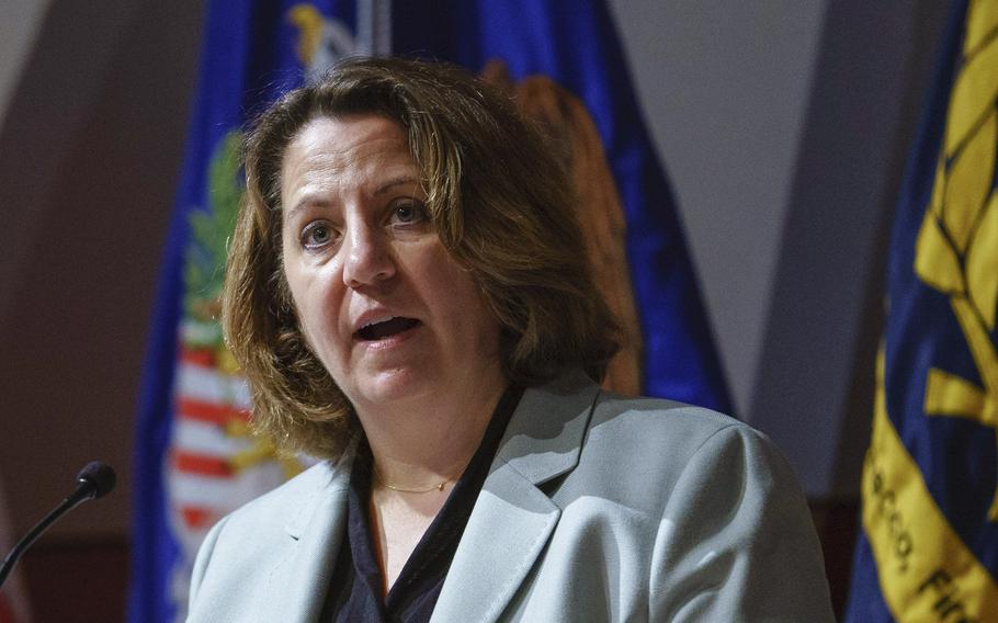 Deputy Attorney General Lisa Monaco speaks during the Chiefs of Police Executive Forum, at the United States Bureau of Alcohol, Tobacco, Firearms and Explosives (ATF) headquarters in Washington, May 6, 2022.