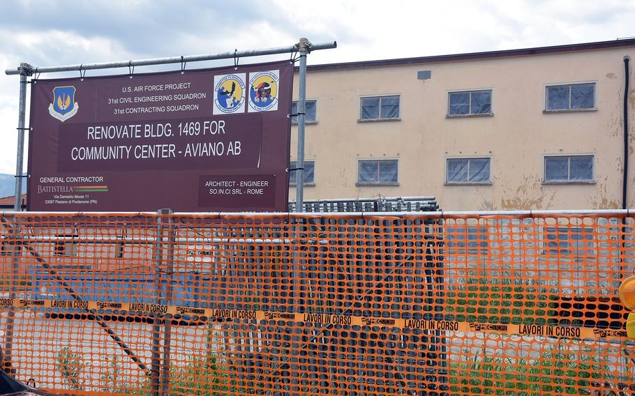A sign identifies the future site of a military installation’s community center.