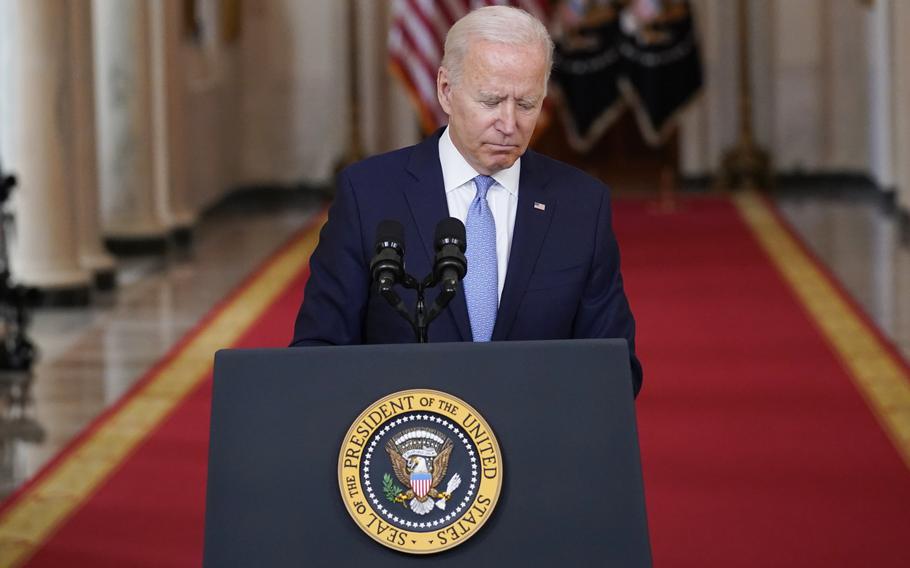 President Joe Biden finishes speaking about the end of the war in Afghanistan from the State Dining Room of the White House, Tuesday, Aug. 31, 2021, in Washington. 