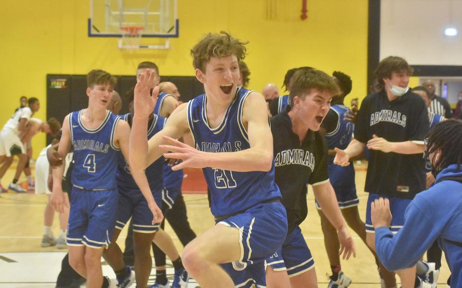 The Rota Admirals and their fans celebrate after winning the DODEA-Europe Division II boys basketball title on Saturday, March 5, 2022 in Vicenza, Italy.