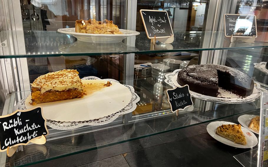 Vegan and gluten-free cakes and pies are on display at Hotel Nicolay 1881 in Zeltingen-Rachtig, Germany, March 2, 2022. One of two available restaurants in the hotel, the Sonnenuhr offers casual vegan dining options along the Moselle River.
