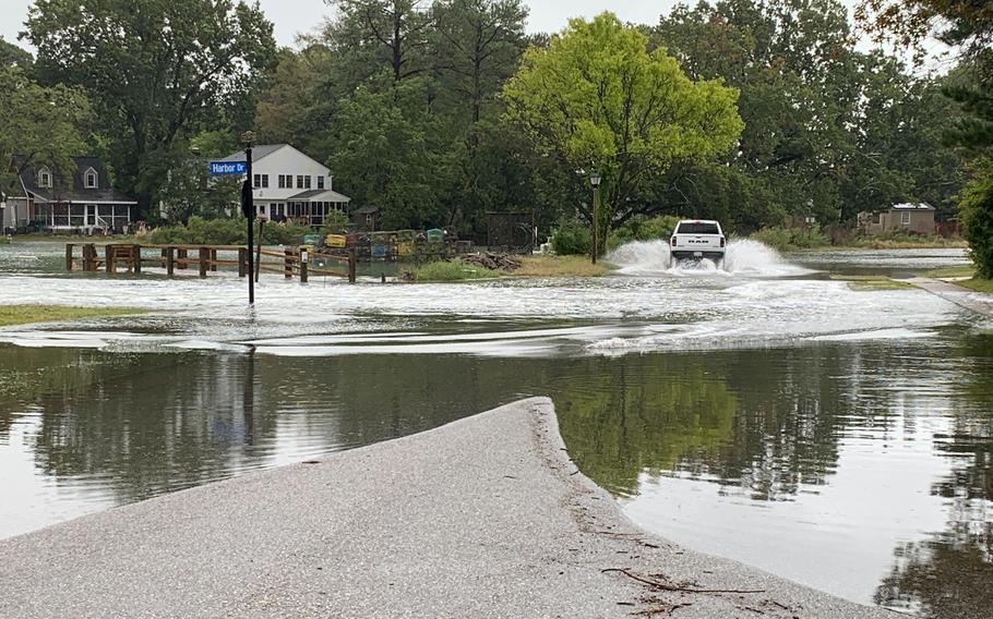 Parts of Harbor Drive flooded in Hampton, Va., Oct. 3, 2022.