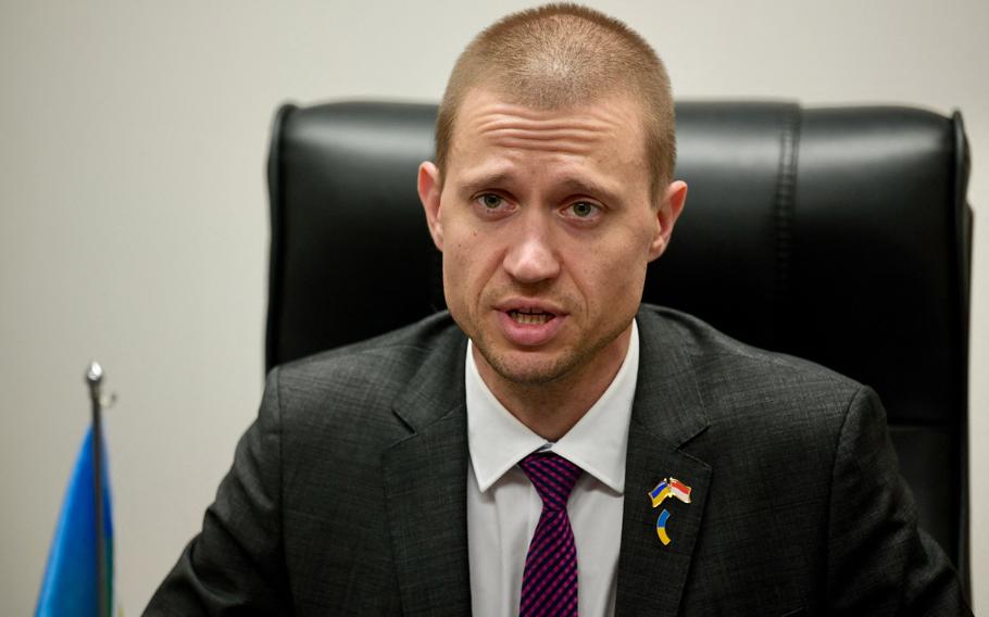 Ukraine Deputy Foreign Minister and Chief Digital Transformation Officer Anton Demokhin speaks to journalists in Jakarta on Oct. 21, 2023.