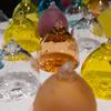 Glass objects on a white table.