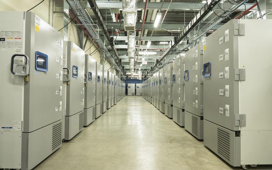 Freezers used to hold doses of the Pfizer coronavirus vaccine at minus-70 degrees Celsius at the Kalamazoo, Mich., facility.