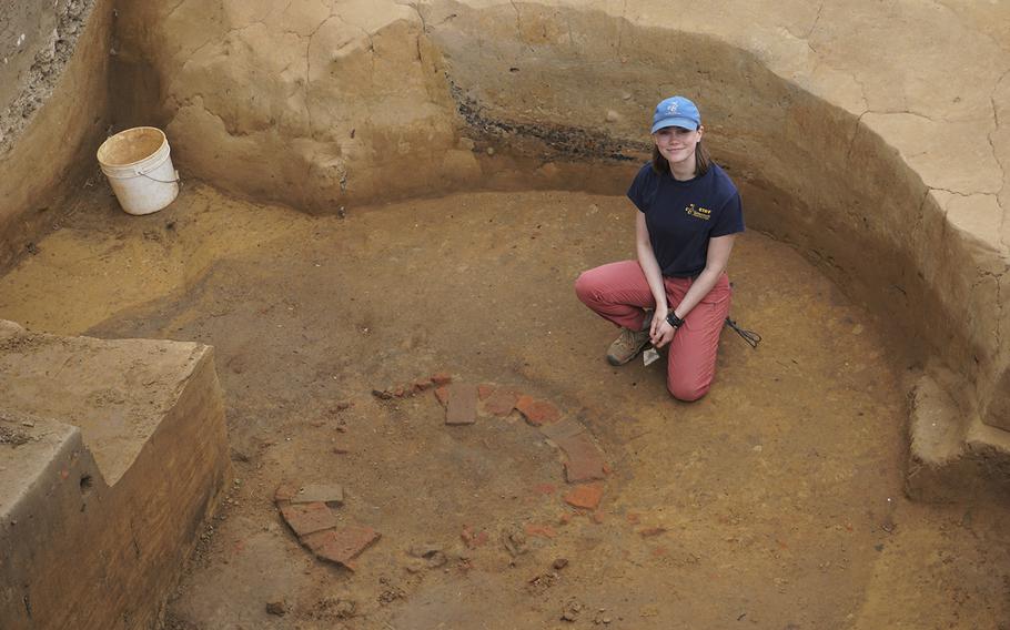 Natalie Reed is one of the Jamestown archaeologists who helped uncover the first bricks of a well in a previously unexplored area on Jamestown Island. 