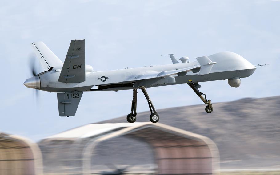 An MQ-9 Reaper assigned to the 432nd Air Expeditionary Wing takes off from Creech Air Force Base, Nev., Sept. 1, 2021. 