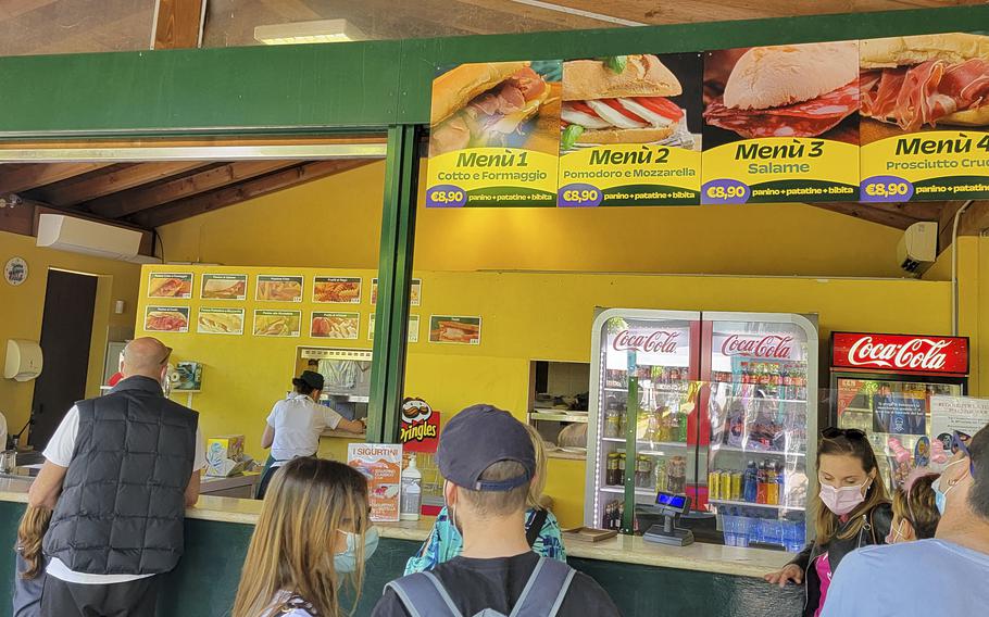 Snack bar Iris inside the Garden Park Sigurta, Italy, where a lunch combo costs around 9 euros. There are five snack bars similar to this one throughout the park.