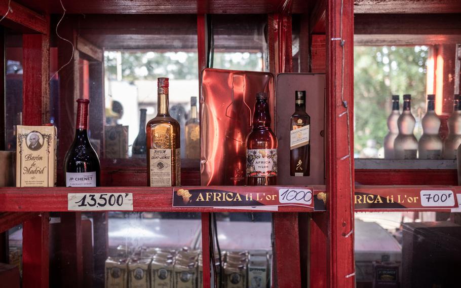 A plastic bottle of the Russian beer Africa Ti L’Or sits on a bar shelf in Bangui on Sept. 9, 2023.